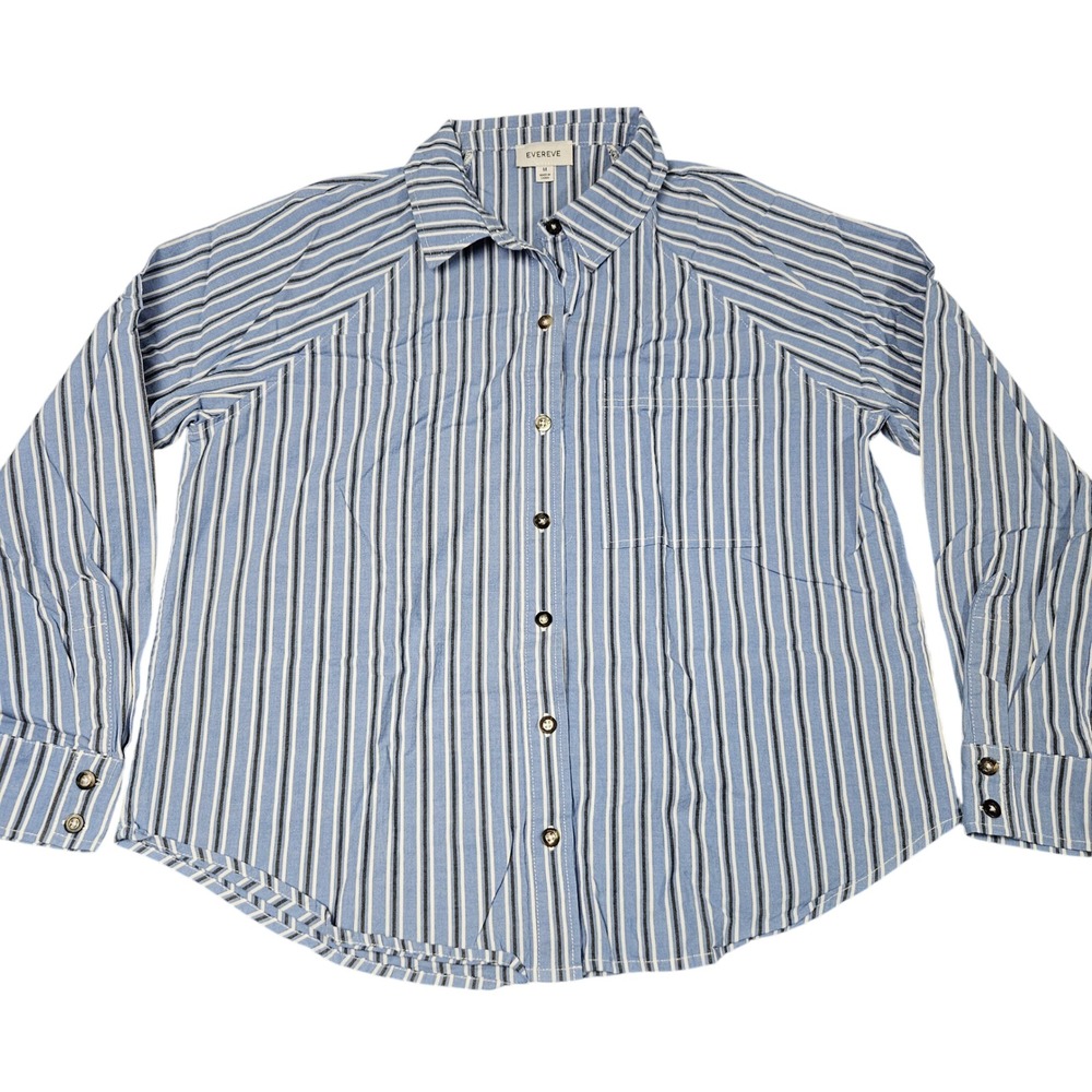 Evereve Button Front Shirt Size M Blue Stripe Long Sleeve Career Elevated Casual
